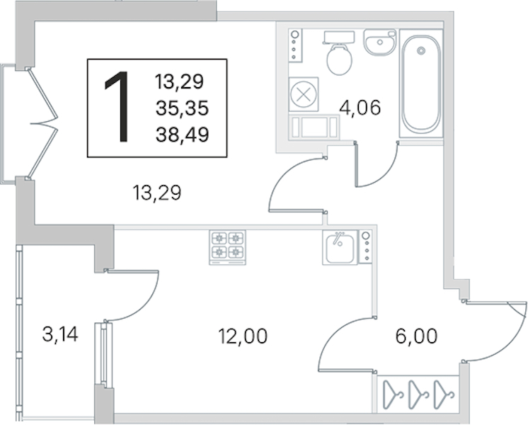 1-комнатная квартира 35.35 м², 3/4 эт., ЖК «Любоград в Стрельне»